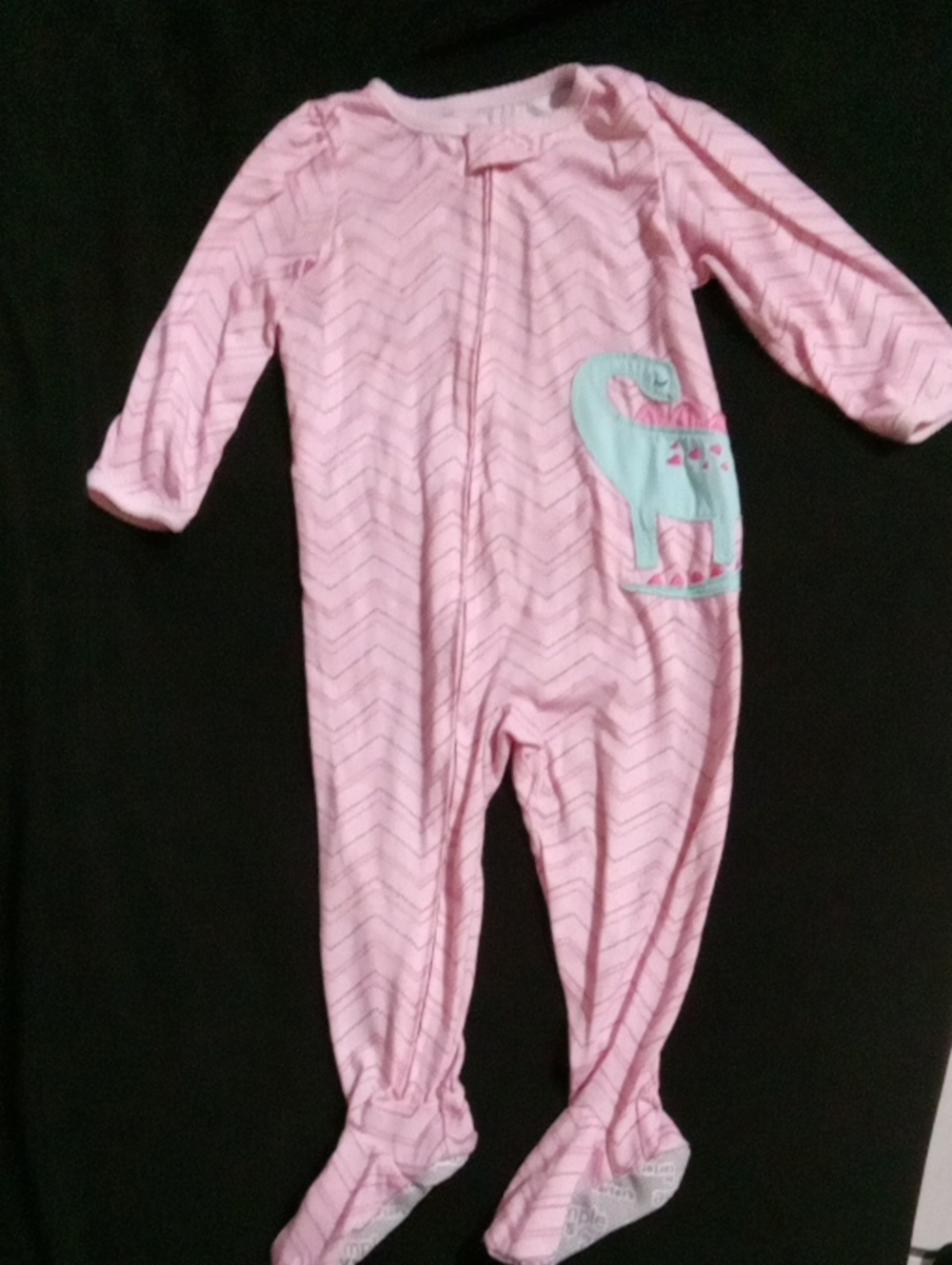 Simple Pink Chevron Footed One-Piece with Mint Dinosaur
